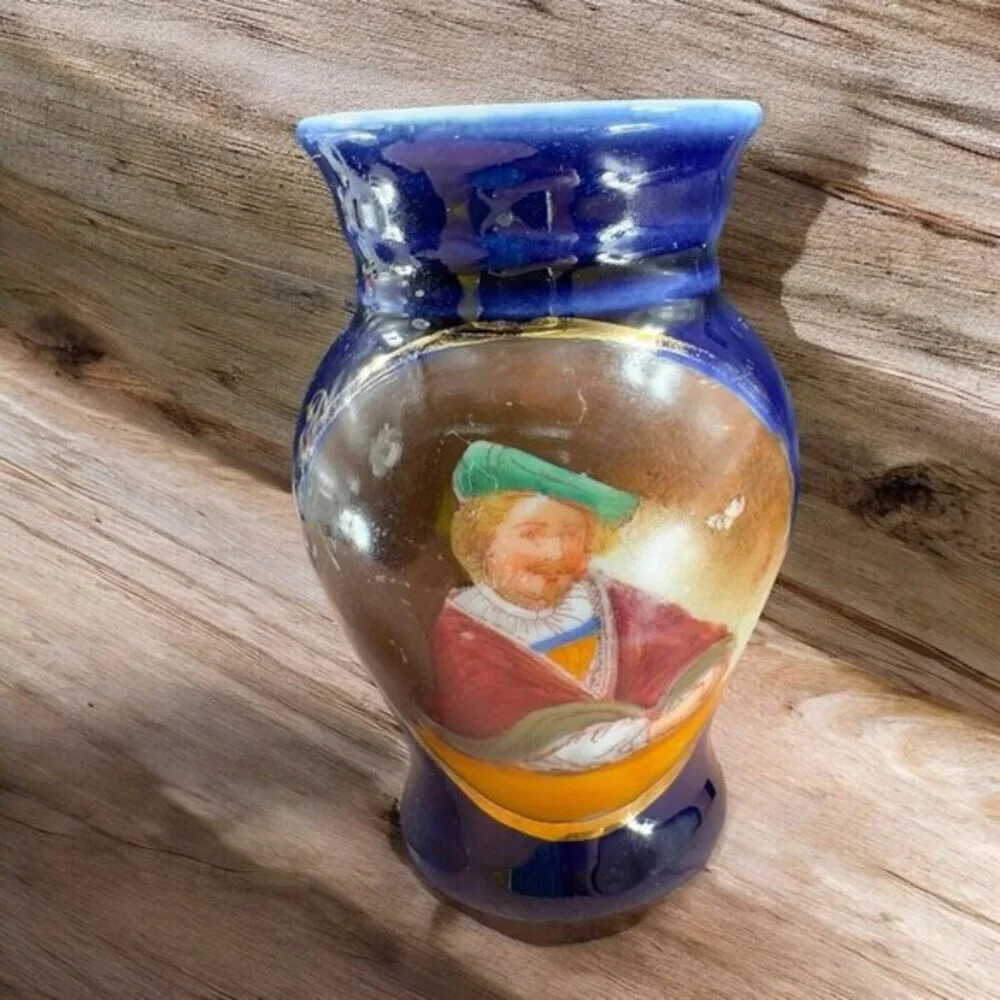 Antique Hand Painted Portrait Porcelain Small Miniature Vase‎ Cobalt Blue VTG